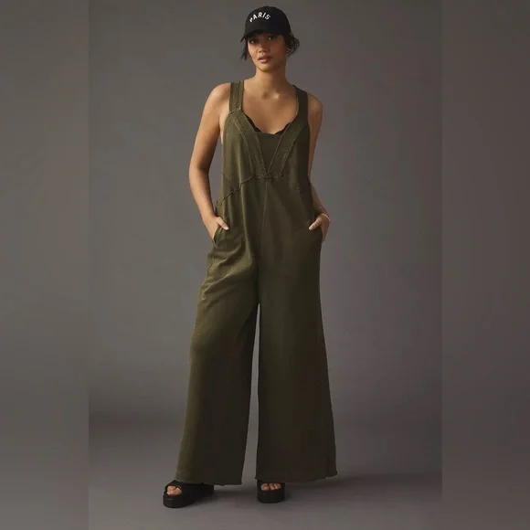 Anthropologie “Palmra Jumpauit” Green V-Neck Wide-Leg - Picture 1 of 4